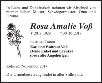 Traueranzeige von Rosa Amalie Voß von Güstrower Anzeiger