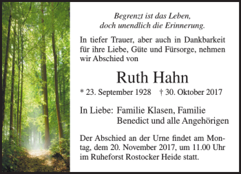 Traueranzeige von Ruth Hahn von Norddeutsche Neueste Nachrichten