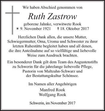 Traueranzeige von Ruth Zastrow von Zeitung für die Landeshauptstadt