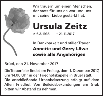 Traueranzeige von Ursula Zeitz von Anzeiger für Sternberg - Brüel - Warin