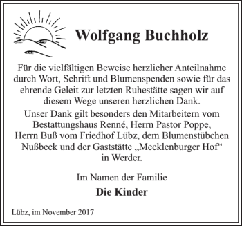 Traueranzeige von Wolfgang Buchholz von Zeitung für Lübz - Goldberg - Plau