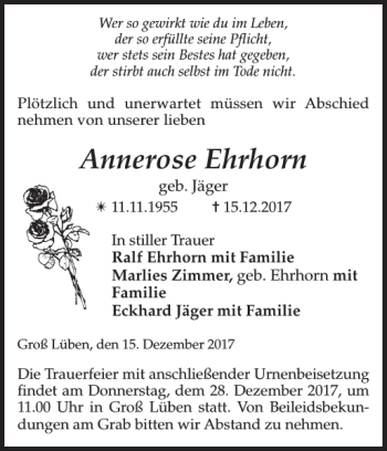 Traueranzeige von Annerose Ehrhorn von Der Prignitzer