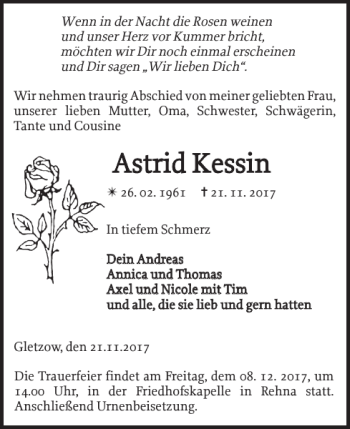 Traueranzeige von Astrid Kessin von Gadebusch-Rehnaer Zeitung