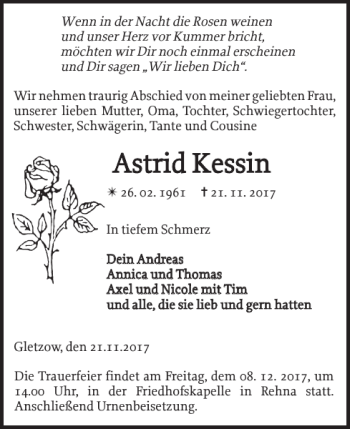 Traueranzeige von Astrid Kessin von Gadebusch-Rehnaer Zeitung