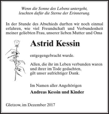 Traueranzeige von Astrid Kessin von Gadebusch-Rehnaer Zeitung