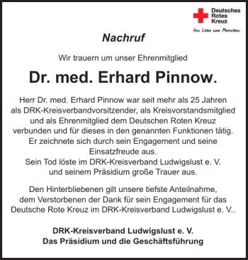 Traueranzeige von Dr. med. Erhard Pinnow von Ludwigsluster Tageblatt