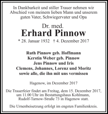 Traueranzeige von Erhard Pinnow von Hagenower Kreisblatt