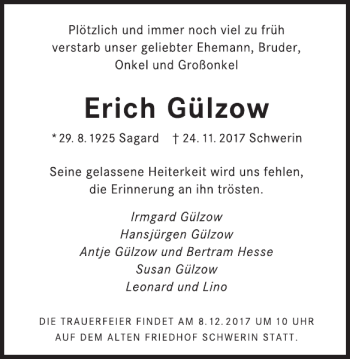 Traueranzeige von Erich Gülzow von Zeitung für die Landeshauptstadt