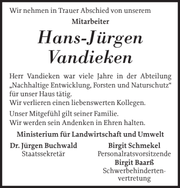 Traueranzeige von Hans-Jürgen Vandieken von Zeitung für die Landeshauptstadt