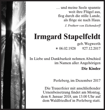 Traueranzeige von Irmgard Stapelfeldt von Der Prignitzer