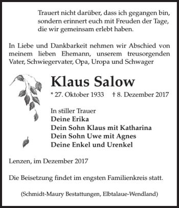 Traueranzeige von Klaus Salow von Der Prignitzer