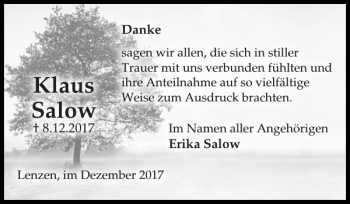 Traueranzeige von Klaus Salow von Der Prignitzer