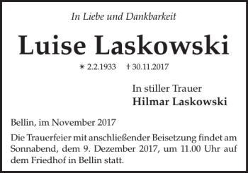 Traueranzeige von Luise Laskowski von Güstrower Anzeiger