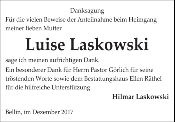 Traueranzeige von Luise Laskowski von Güstrower Anzeiger