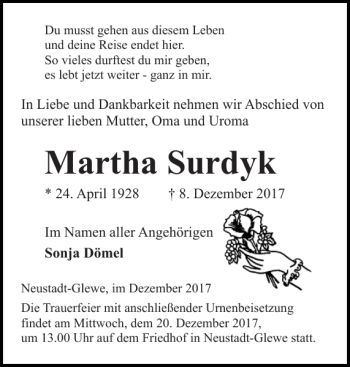 Traueranzeige von Martha Surdyk von Ludwigsluster Tageblatt