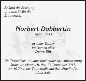 Traueranzeige von Norbert Dobbertin von Zeitung für Lübz - Goldberg - Plau