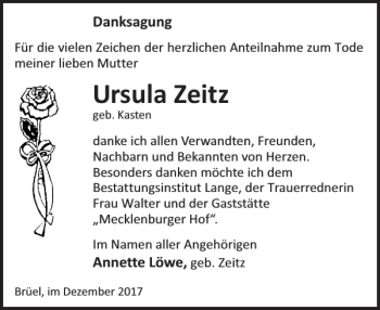 Traueranzeige von Ursula Zeitz von Anzeiger für Sternberg - Brüel - Warin