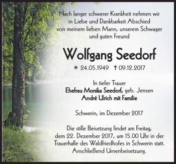 Traueranzeige von Wolfgang Seedorf von Zeitung für die Landeshauptstadt