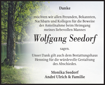 Traueranzeige von Wolfgang Seedorf von Zeitung für die Landeshauptstadt