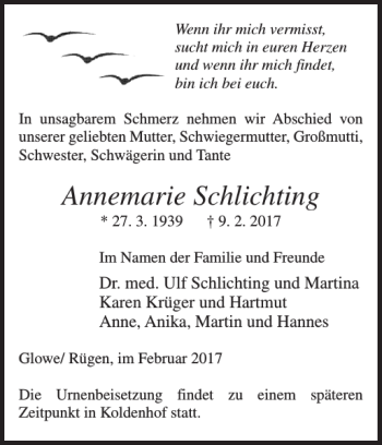 Traueranzeige von Annemarie Schlichting von Der Prignitzer