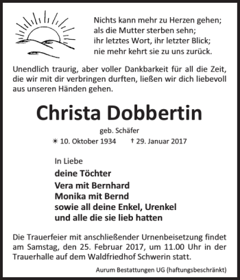 Traueranzeige von Christa Dobbertin von Zeitung für die Landeshauptstadt