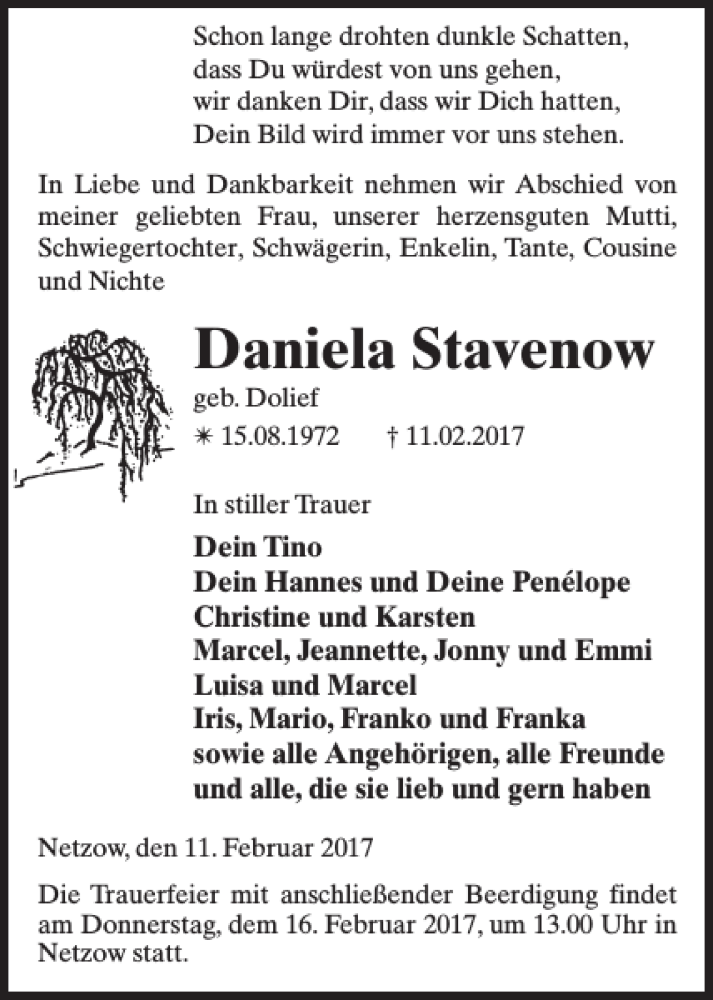  Traueranzeige für Daniela Stavenow vom 14.02.2017 aus Der Prignitzer