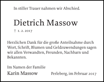 Traueranzeige von Dietrich Massow von Der Prignitzer