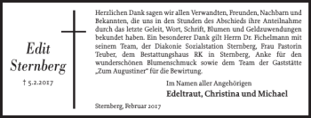 Traueranzeige von Edit Sternberg von Anzeiger für Sternberg - Brüel - Warin