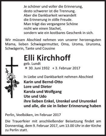 Traueranzeige von Elli Kirchhoff von Gadebusch-Rehnaer Zeitung