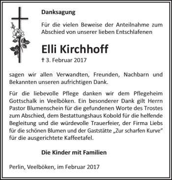 Traueranzeige von Elli Kirchhoff von Gadebusch-Rehnaer Zeitung