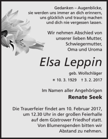 Traueranzeige von Elsa Leppin von Güstrower Anzeiger