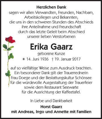 Traueranzeige von Erika Gaarz von Zeitung für die Landeshauptstadt