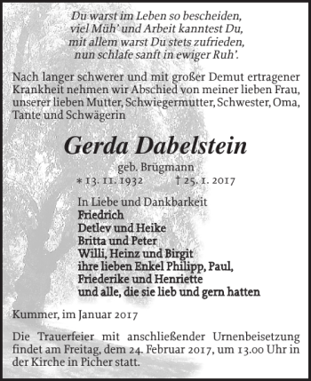 Traueranzeige von Gerda Dabelstein von Ludwigsluster Tageblatt