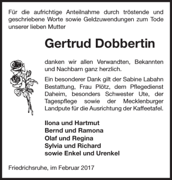 Traueranzeige von Gertrud Dobbertin von Parchimer Zeitung