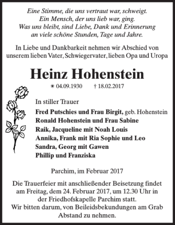 Traueranzeige von Heinz Hohenstein von Parchimer Zeitung