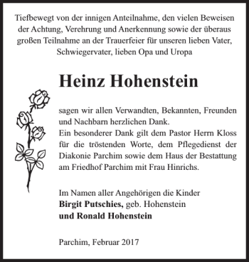 Traueranzeige von Heinz Hohenstein von Parchimer Zeitung