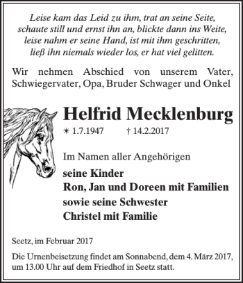 Traueranzeige von Helfrid Mecklenburg von Der Prignitzer