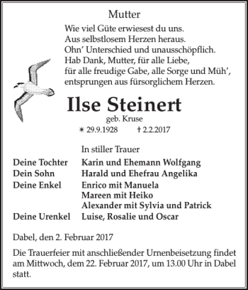 Traueranzeige von Ilse Steinert von Anzeiger für Sternberg - Brüel - Warin