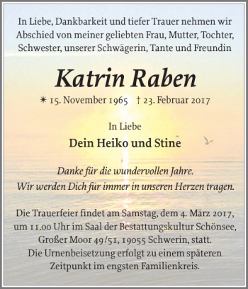 Traueranzeige von Katrin Raben von Zeitung für die Landeshauptstadt