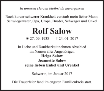 Traueranzeige von Rolf Salow von Zeitung für die Landeshauptstadt