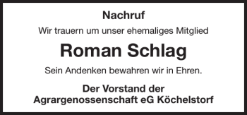 Traueranzeige von Roman Schlag von Gadebusch-Rehnaer Zeitung