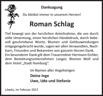 Traueranzeige von Roman Schlag von Gadebusch-Rehnaer Zeitung