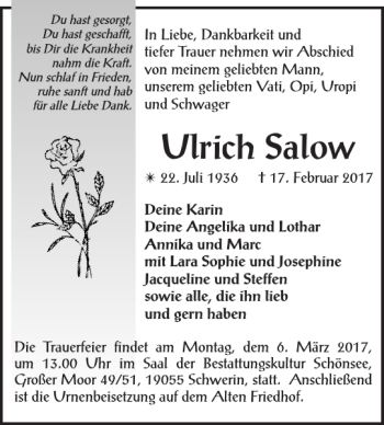 Traueranzeige von Ulrich Salow von Zeitung für die Landeshauptstadt