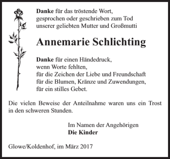 Traueranzeige von Annemarie Schlichting von Der Prignitzer