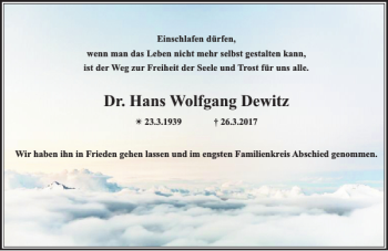 Traueranzeige von Dr. Hans Wolfgang Dewitz von Zeitung für die Landeshauptstadt