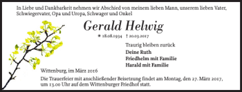 Traueranzeige von Gerald Helwig von Hagenower Kreisblatt