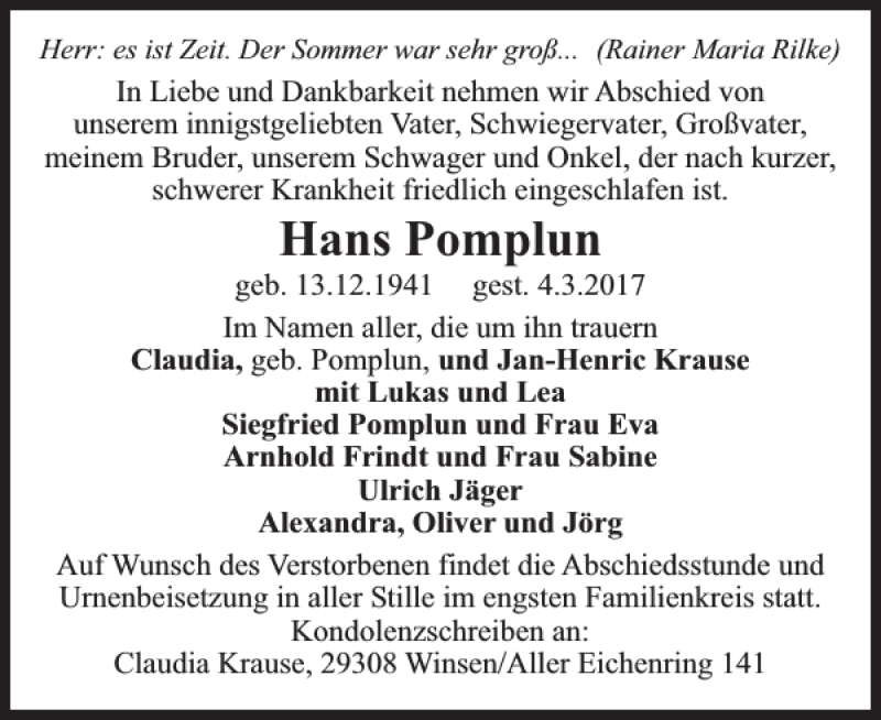  Traueranzeige für Hans Pomplun vom 11.03.2017 aus Zeitung für die Landeshauptstadt