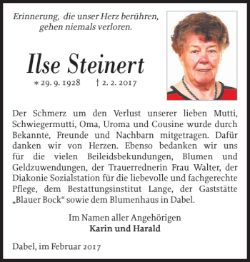 Traueranzeige von Ilse Steinert von Anzeiger für Sternberg - Brüel - Warin