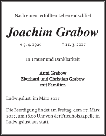 Traueranzeige von Joachim Grabow von Ludwigsluster Tageblatt