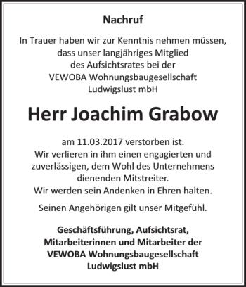 Traueranzeige von Joachim Grabow von Ludwigsluster Tageblatt